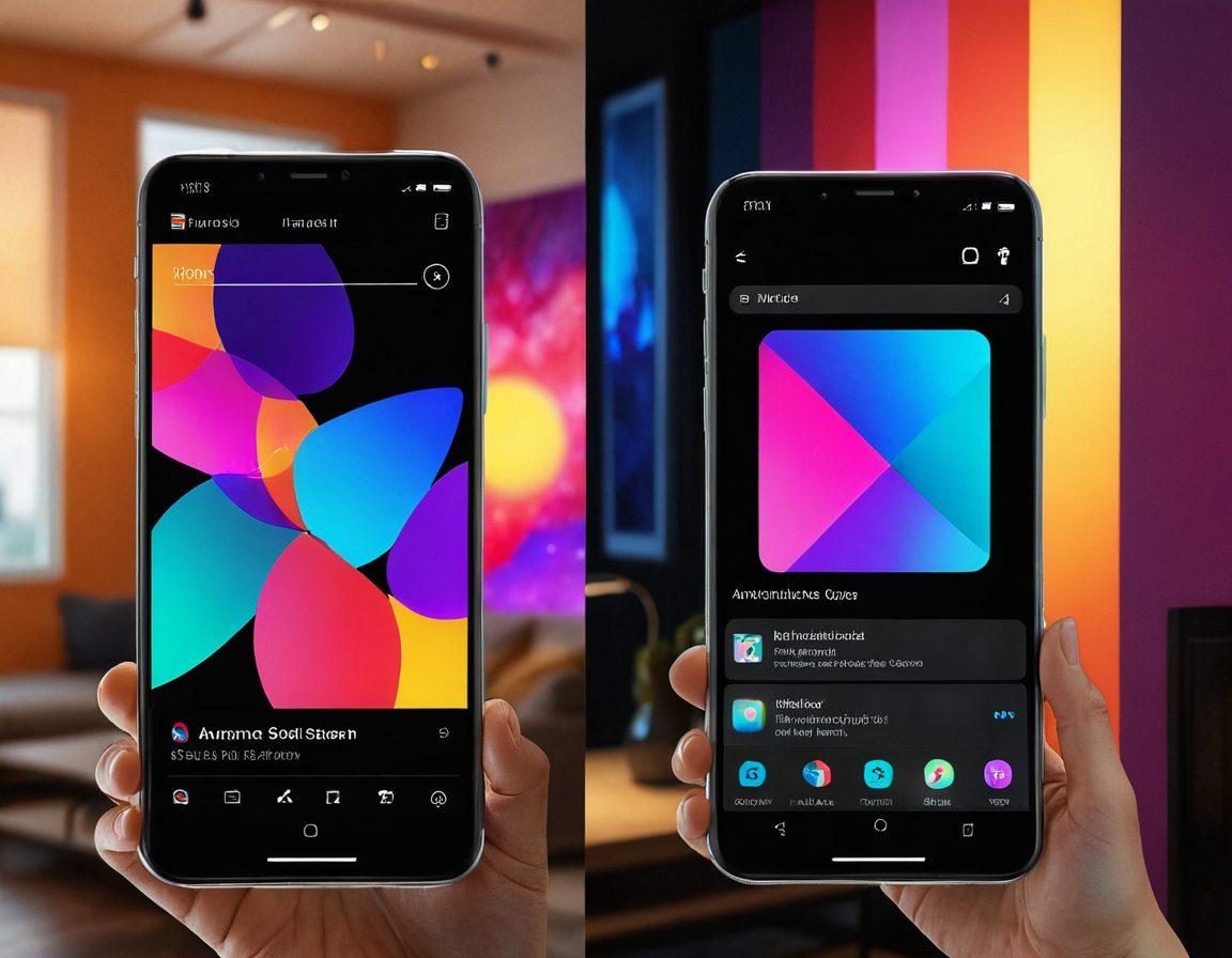 A split-screen image showing a graphic digital art representation on one side, featuring bold colors and abstract shapes, while the other side transitions into a warm, intimate setting with soft lighting, emphasizing human connection and emotion. Include elements that reflect both adult-rated content and technology, like a smartphone displaying 3GP videos, enhancing the allure aspect. super-realistic. vibrant colors. soft focus.